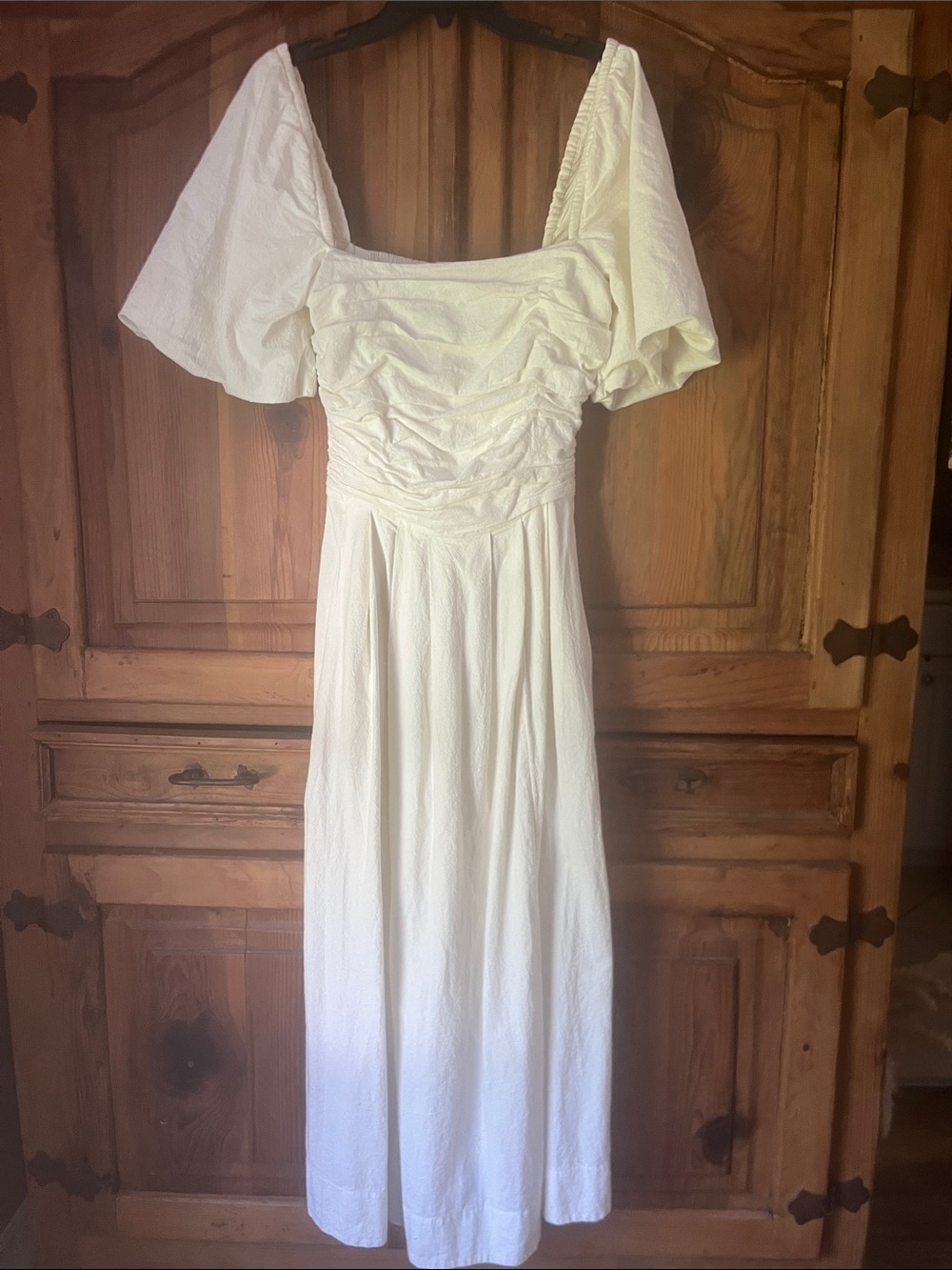 Free People White Ruched Bodice Midi Dress with Puff Sleeves